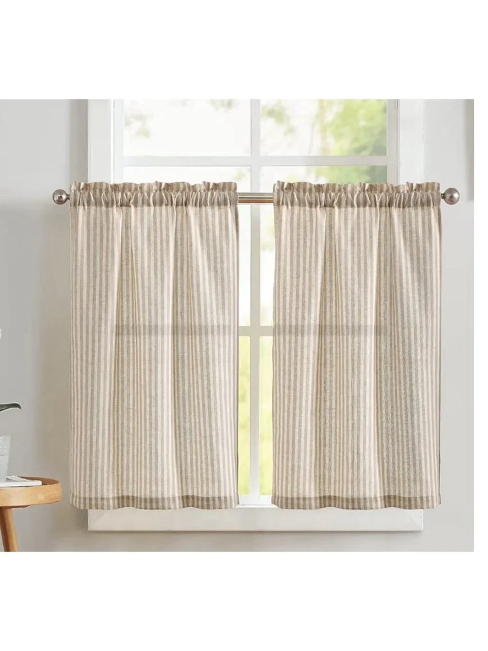 Vangao 2 Pack Stripe Farmhouse Kitchen 24” Length X 26” Linen Cafe Curtains Tan